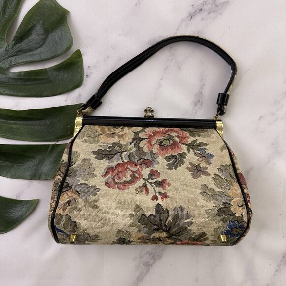 Vintage 60s Frame Kiss Lock Purse Bag Floral Tapestry Green Red Small Clutch - Picture 1 of 6